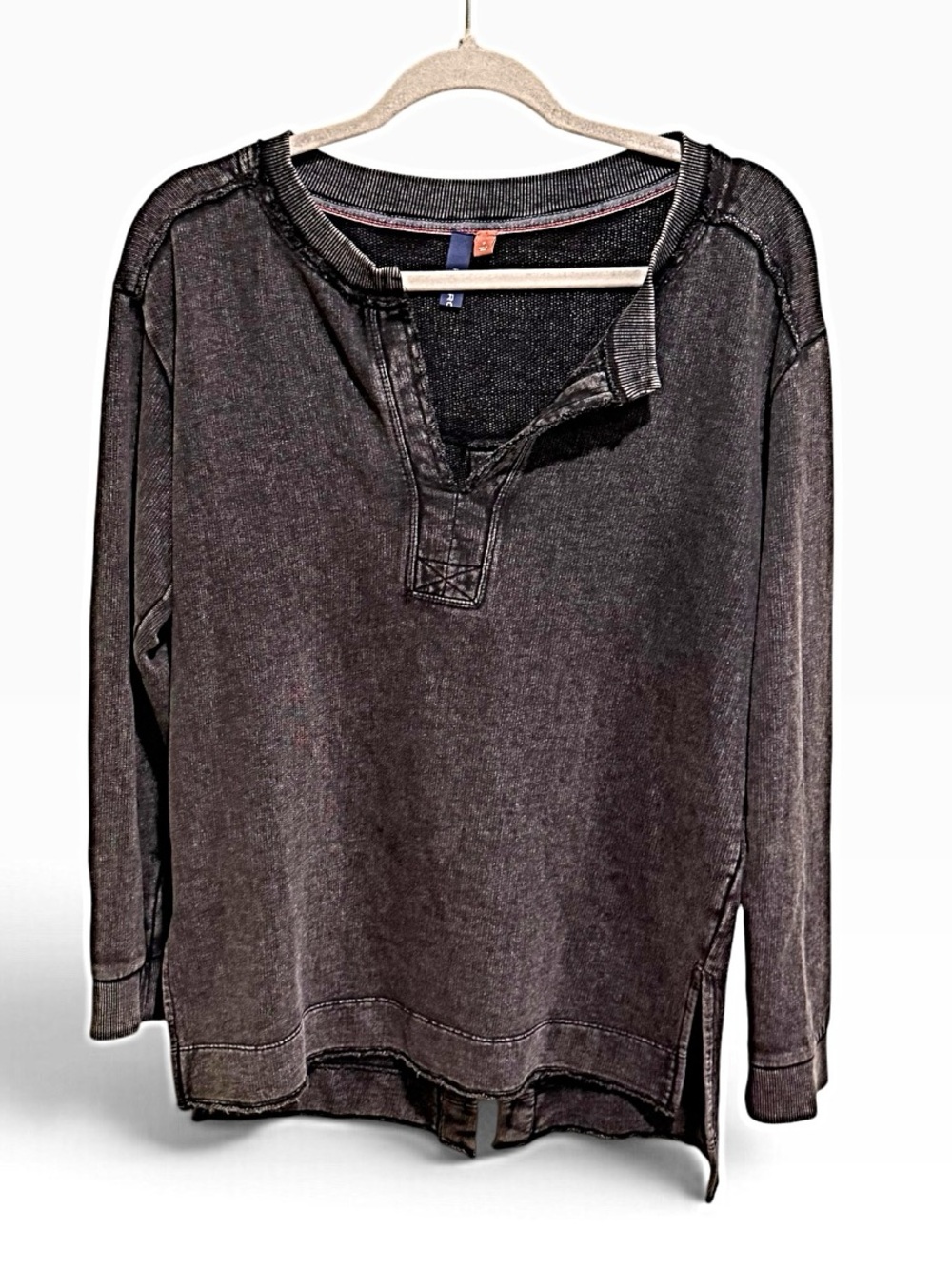 Pilcro Anthropologie Washed Black Split Neck Pullover Sweatshirt Raw Seam S